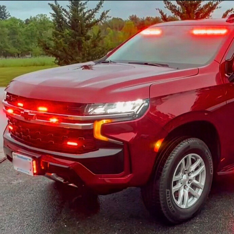 Chevy Tahoe emergency vehicle upfitting for Groton MA Fire Department featuring Whelen Core lighting system with V2V sync installation